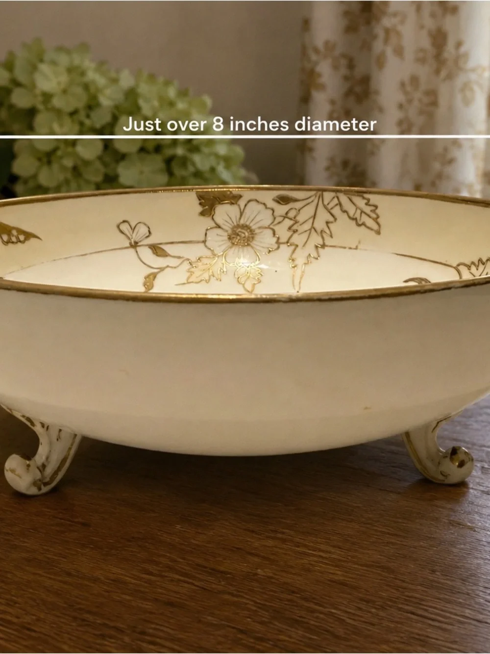Vintage Thailand Porcelain Footed Bowl Gold Floral Hand Painted 8”